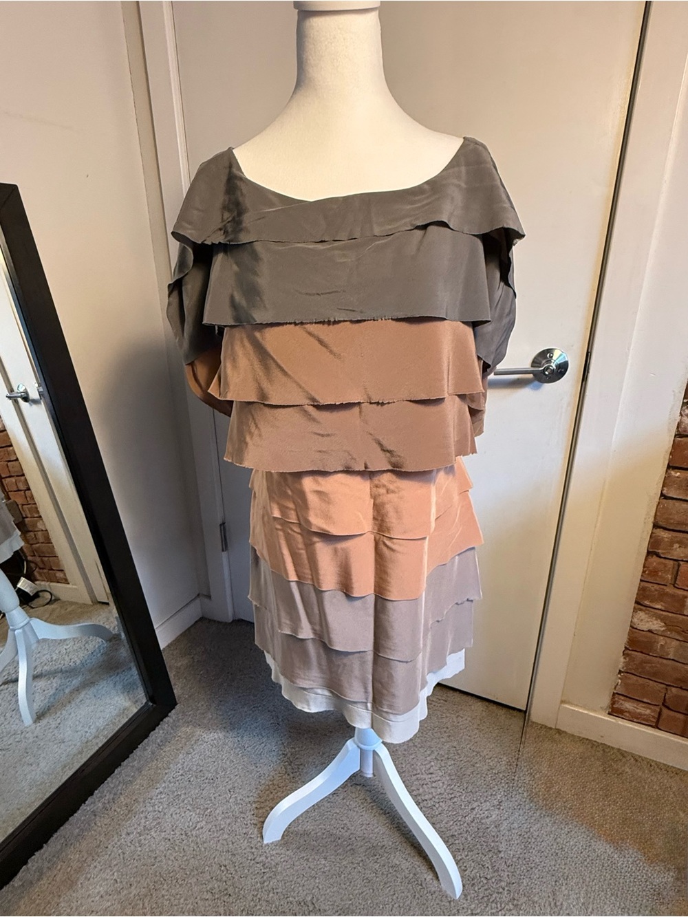 BCBGMaxAzria Tiered Ruffled Dress in Gray and Blush